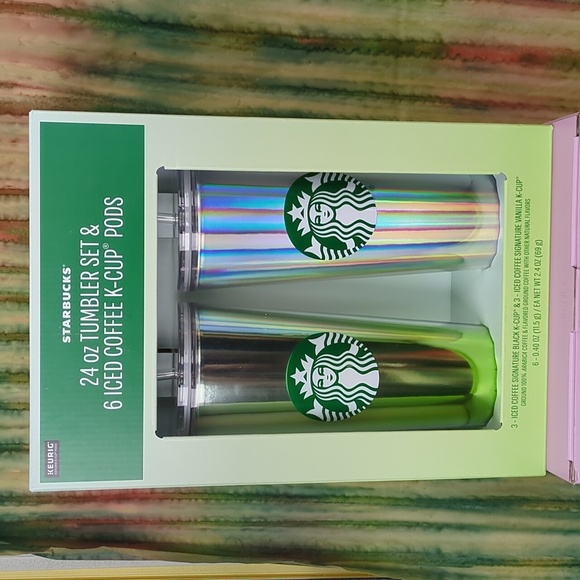 Starbucks Other - Starbucks 24 oz Tumbler Set & 6 Iced Coffee K-Cup Pods In Green Tones